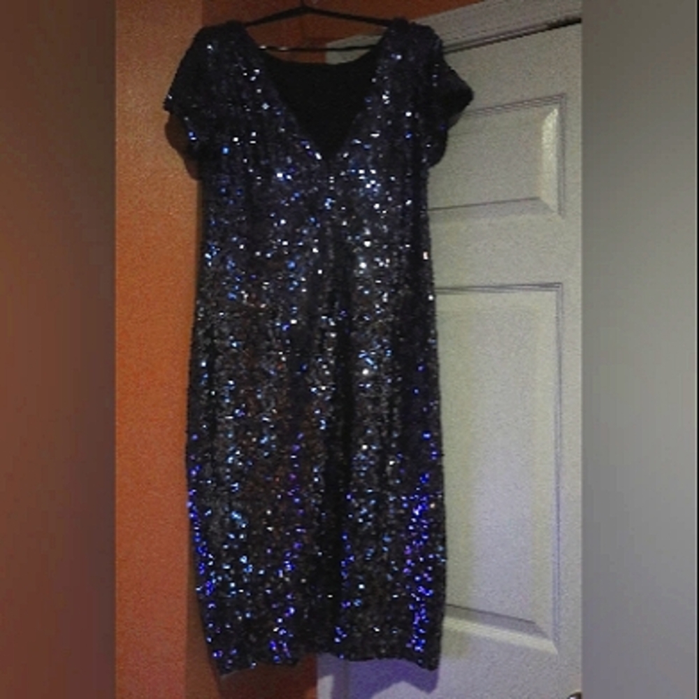 MARINA Blue Sequin Flutter Sleeve Sheath Dress
